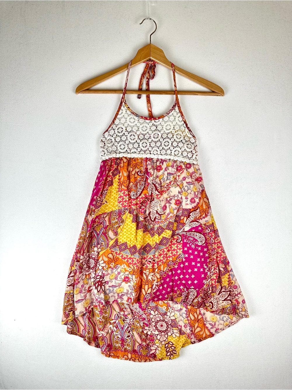 Mimi & Maggie Halter Dress Asymmetrical Hem Boho Patchwork Print